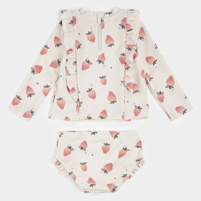 Strawberry Print on Crème Long-Sleeve Rashguard Set