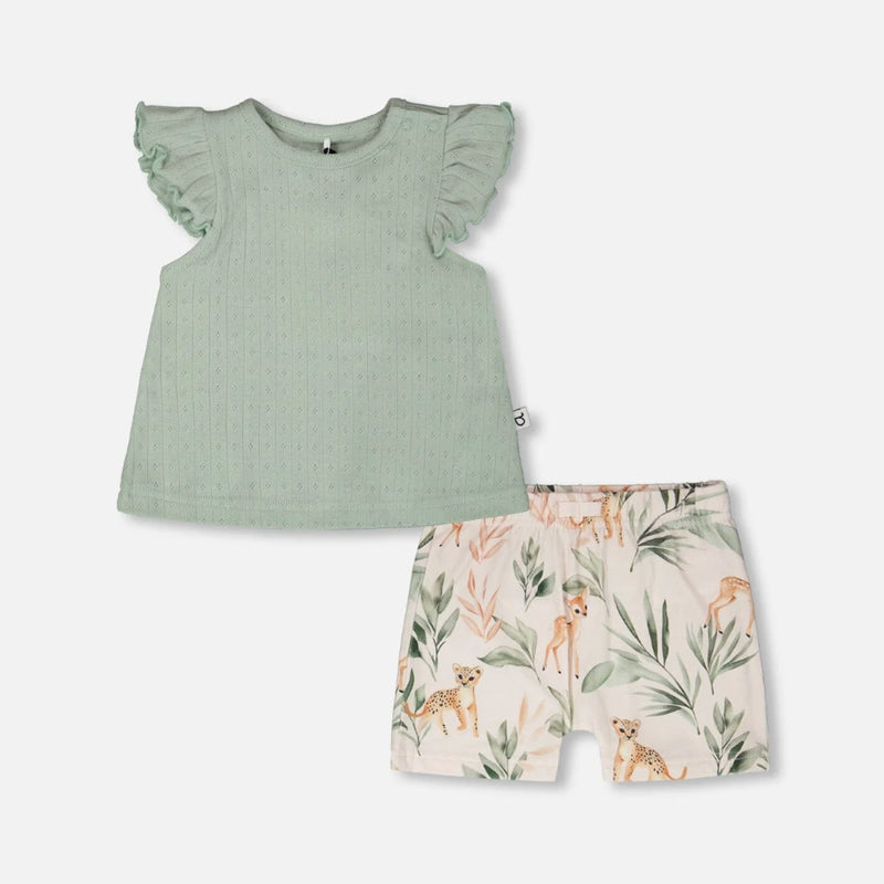 Organic Cotton Pointelle Top and Jersey Short Set, Leopard Jungle