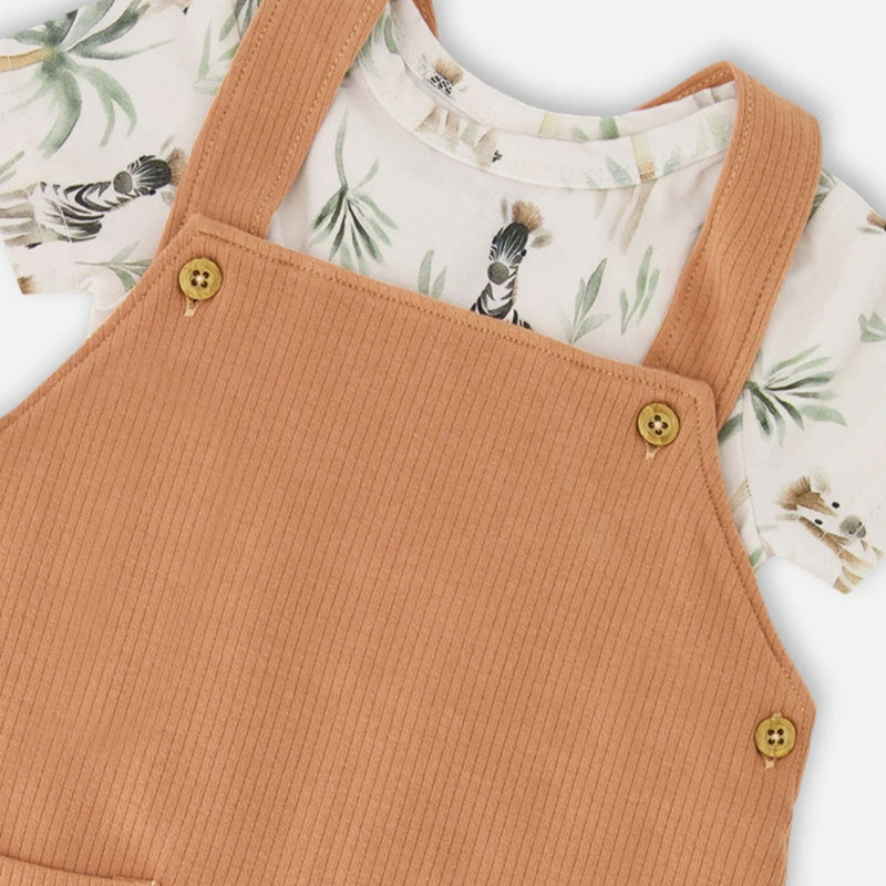 Organic Cotton Jersey Onesie and Rib Shortall Set, Zebra Jungle