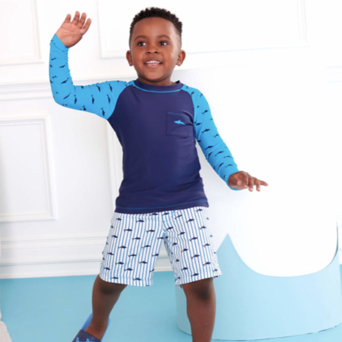 Hatley LS Rashguard + Board Shorts Swim Set - Sharks Silhouettes