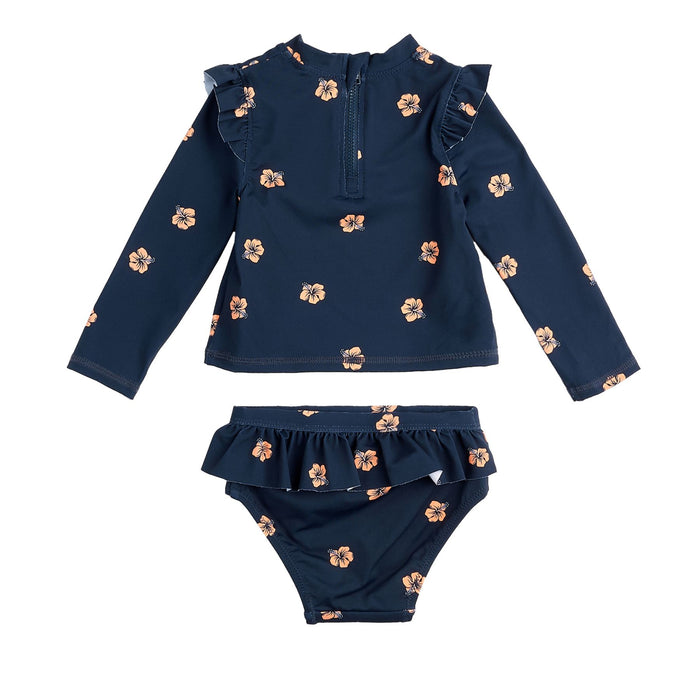 Long Sleeve Rashguard Swim Set, Navy Hawaiian Hibiscus