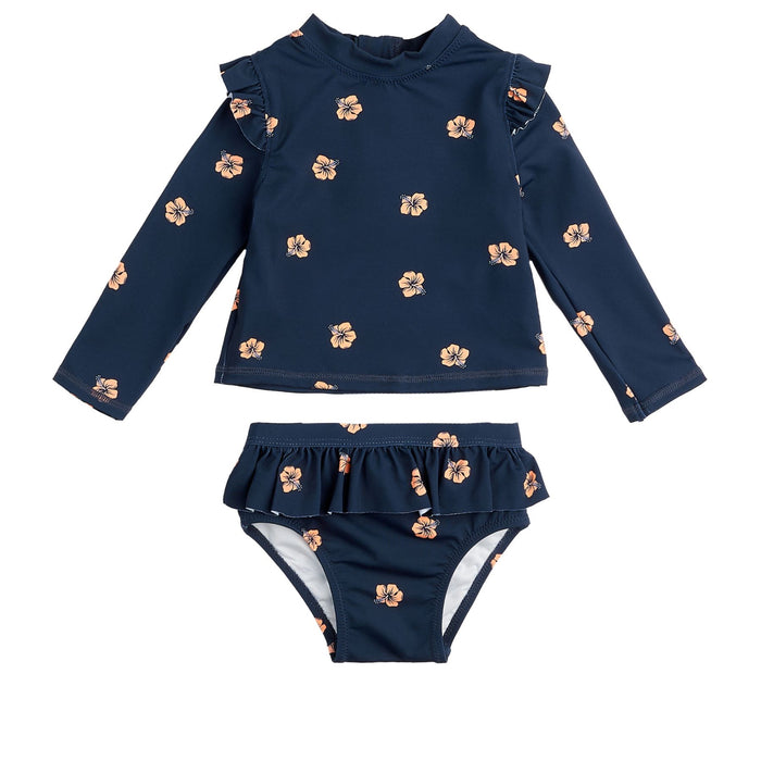 Long Sleeve Rashguard Swim Set, Navy Hawaiian Hibiscus