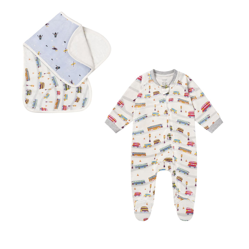 Bamboo Bib + Organic Footed Sleeper Set, Wheels On The Bus