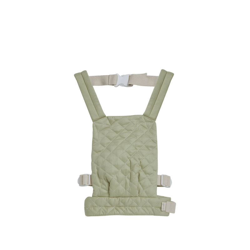 A qulited sage Olli Ella Doll Carrier with padded straps designed for carrying dolls.