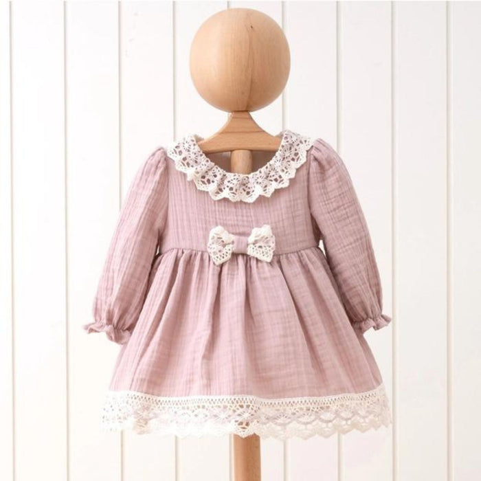 Long Sleeves Lace Collar Muslin Dress, Rose