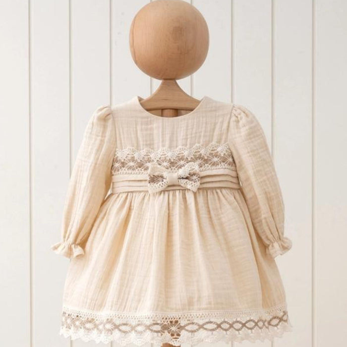 Long Sleeves Lace Ribbon Muslin Dress, Natural