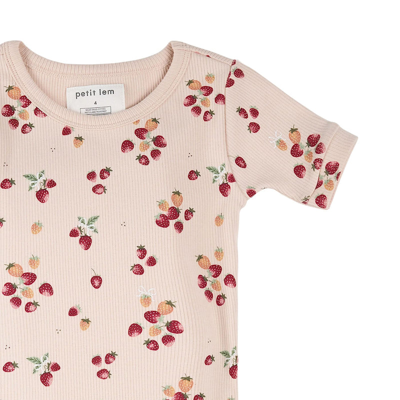 Strawberry on Soft Pink Ribbed, Short Sleeves PJ Set