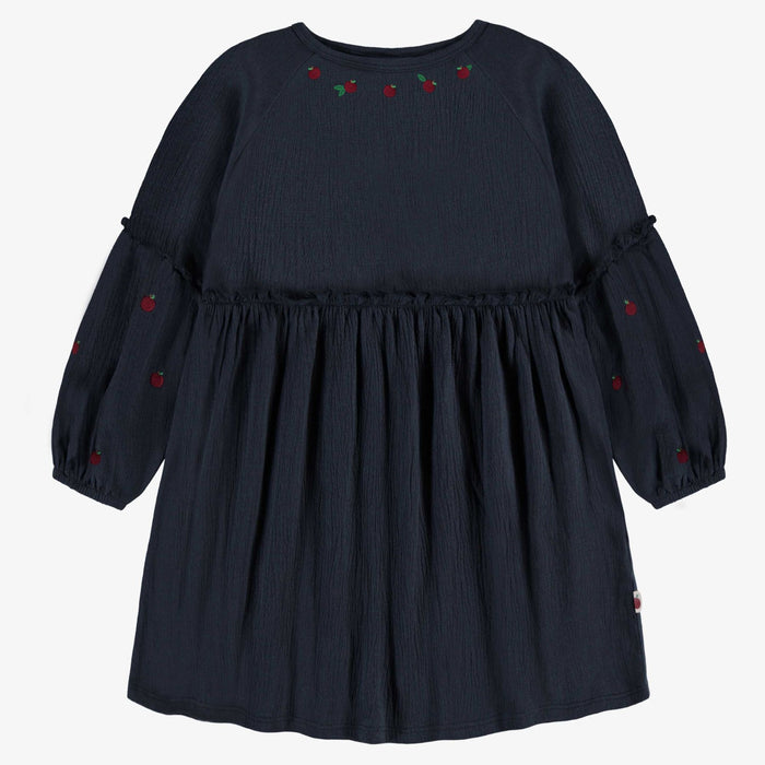 Relaxed and Flared Fit Crinkle Navy Dress with  Apple Embroidery + Rib Knit Legging Set