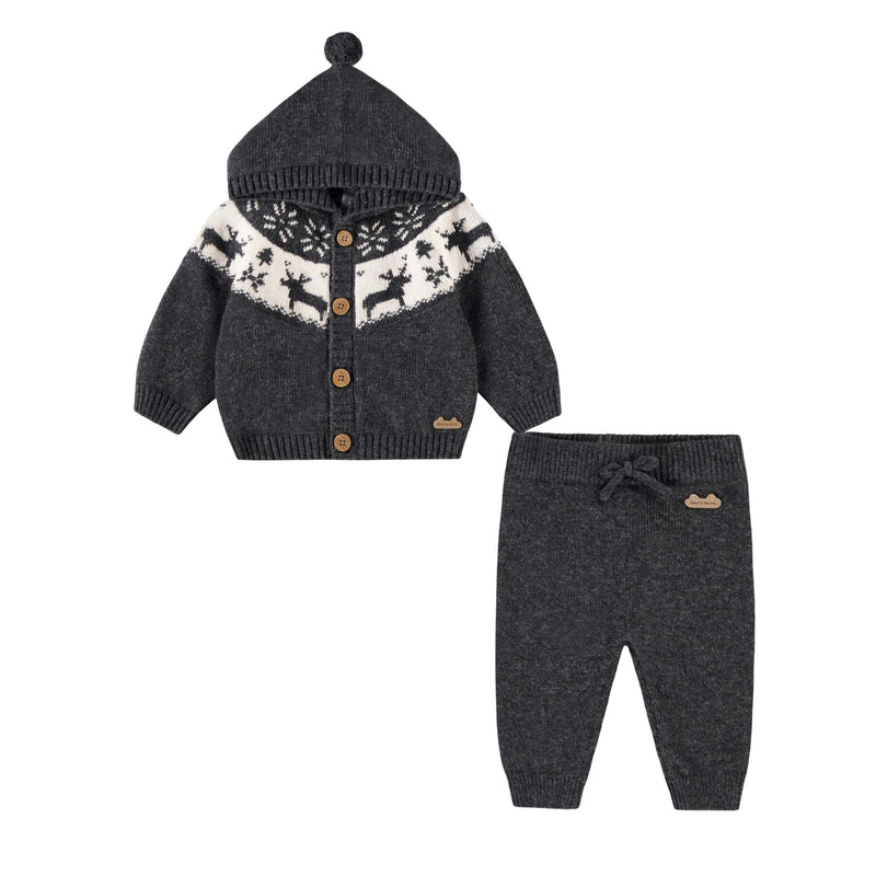 Gray Knit Cardigan Set, Jacquard Winter Deer
