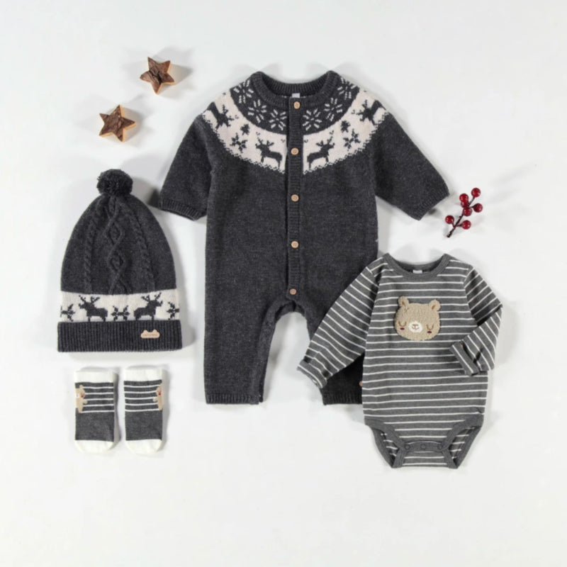 Gray Knit One-Piece, Jacquard Winter Deer