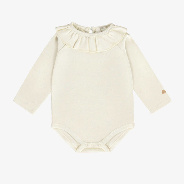 Cream Bodysuit with Ruffle Collar in Pointelle Jersey