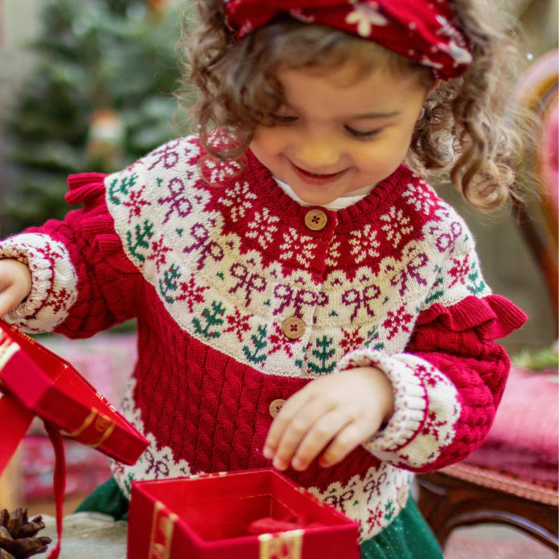Red Knit Cardigan with Jacquard Festive Patterns