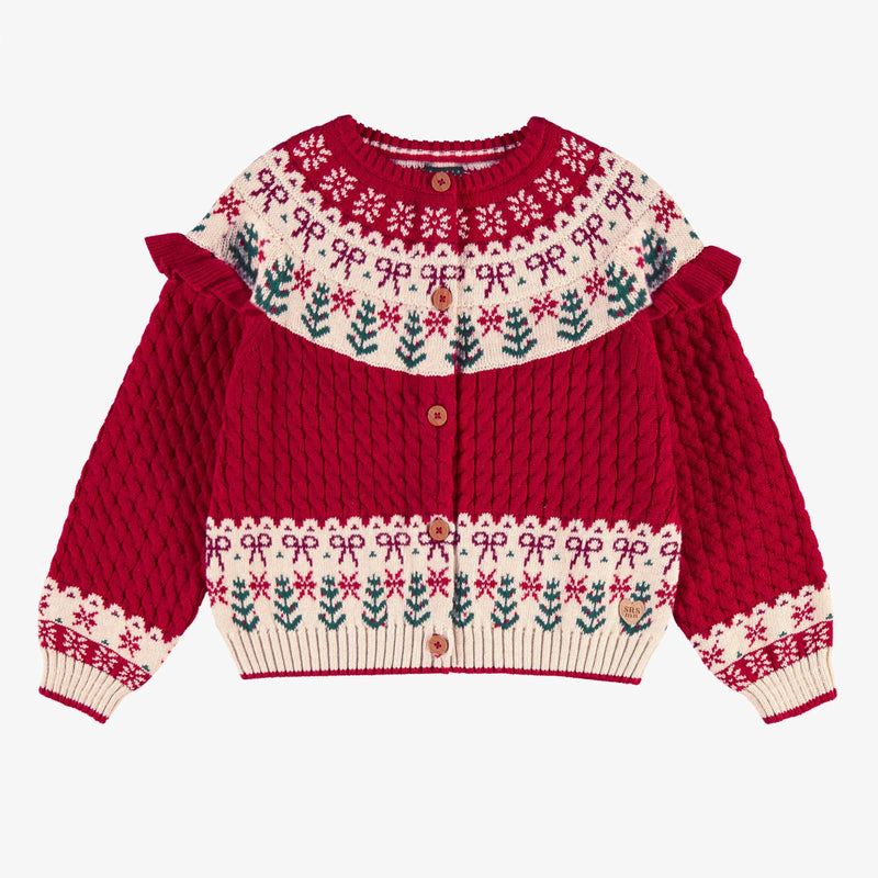 Red Knit Cardigan with Jacquard Festive Patterns