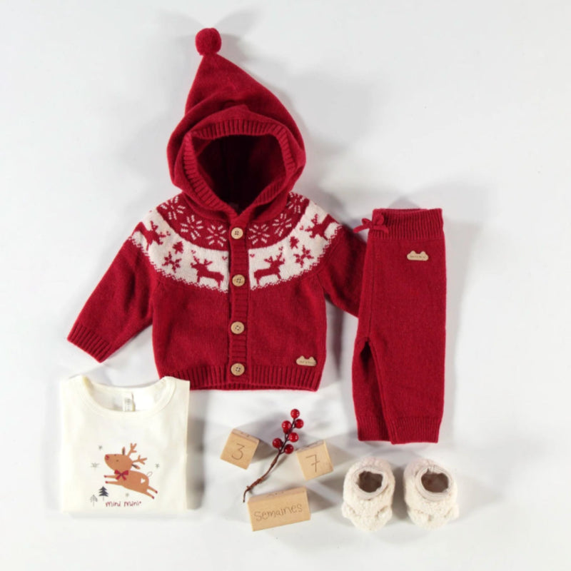 Red Knit Cardigan Set, Jacquard Winter Deer