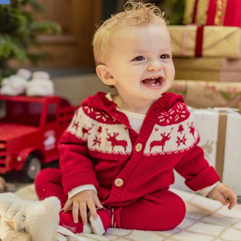 Red Knit Cardigan Set, Jacquard Winter Deer