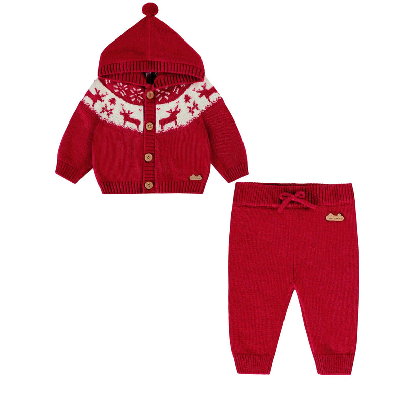 Red Knit Cardigan Set, Jacquard Winter Deer