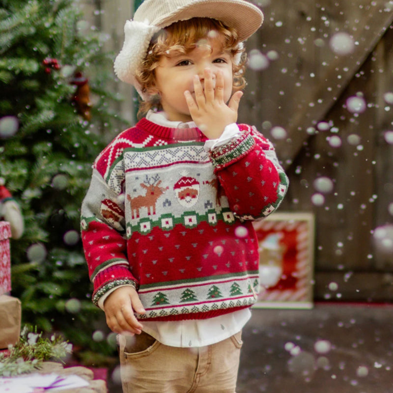 Red Knit Sweater with Festive Patterns