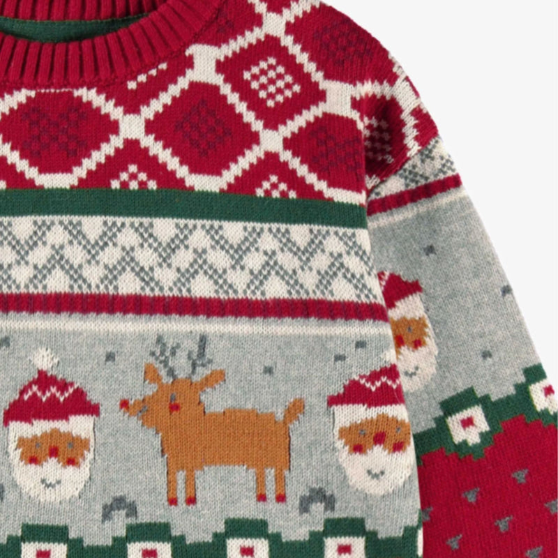 Red Knit Sweater with Festive Patterns