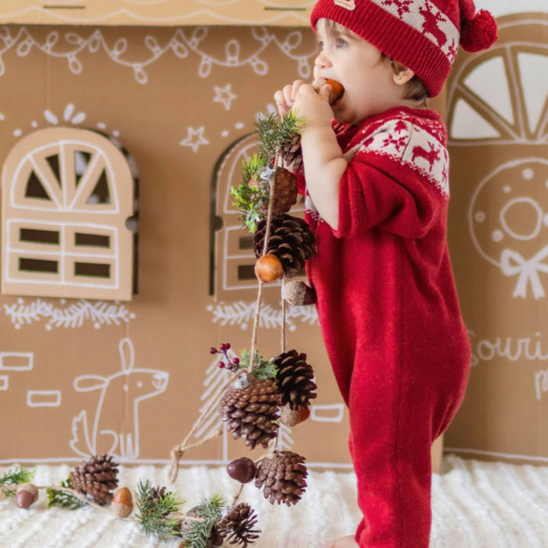 Red Knit One-Piece, Jacquard Winter Deer