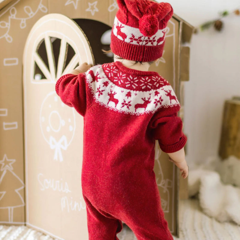 Red Knit One-Piece, Jacquard Winter Deer