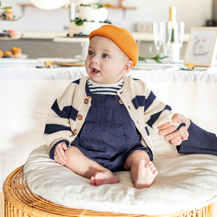 Cream + Navy Striped Ribbed Knit Cardigan