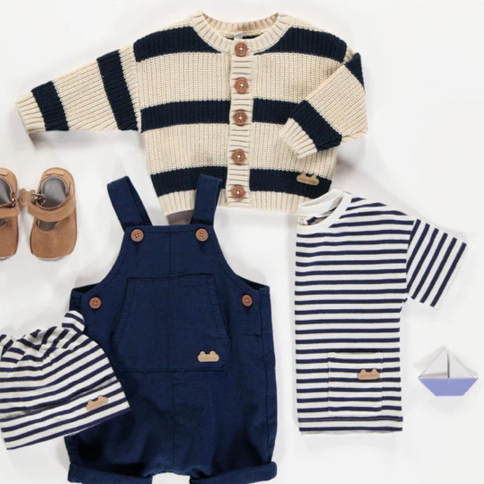 Cream + Navy Striped Ribbed Knit Cardigan